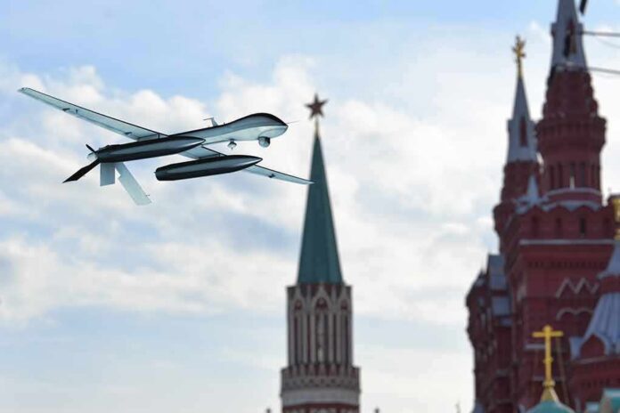 military drone flying near ornate red-brick towers