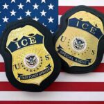 ICE badges on an American flag background