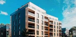 Modern apartment building with balconies in a landscaped courtyard