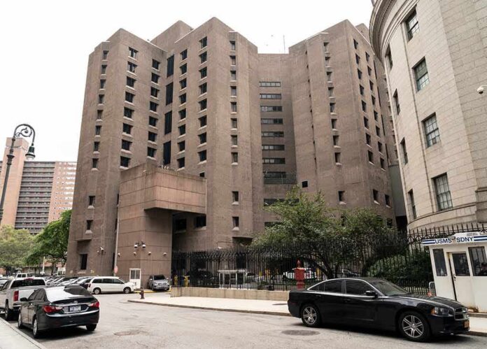 Brutalist high-rise detention facility on a city street