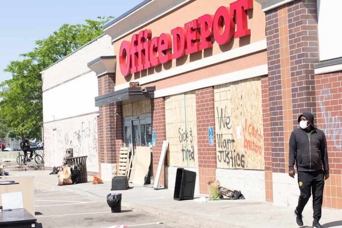 Office supply store with boarded windows and graffiti