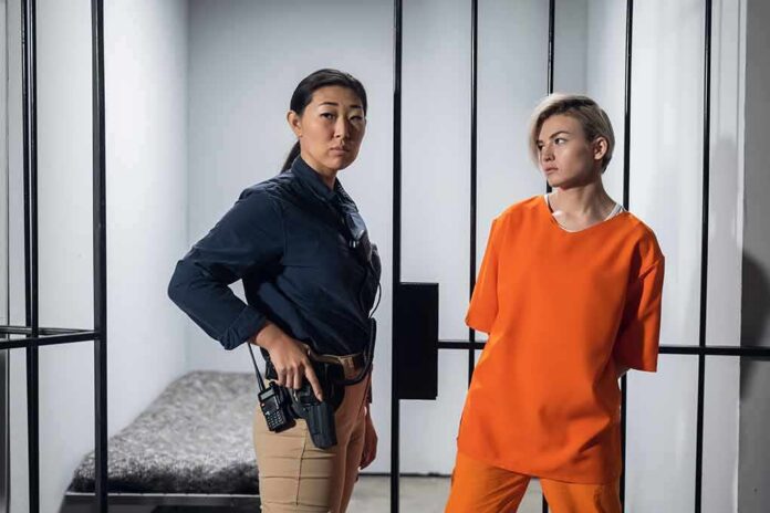 Police officer stands beside inmate in orange uniform inside a jail cell
