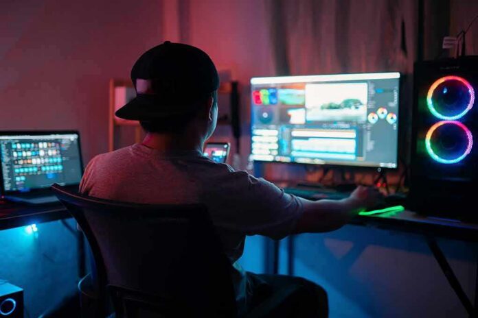 Person editing video at dual-monitor PC with RGB lights
