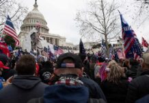 Silicon Valley Kingmaker Slams Iran Strikes crowd with flags gathered outside the U.S. Capitol building
