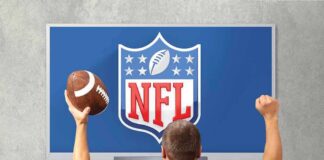 football fan cheering in front of a TV showing the NFL logo