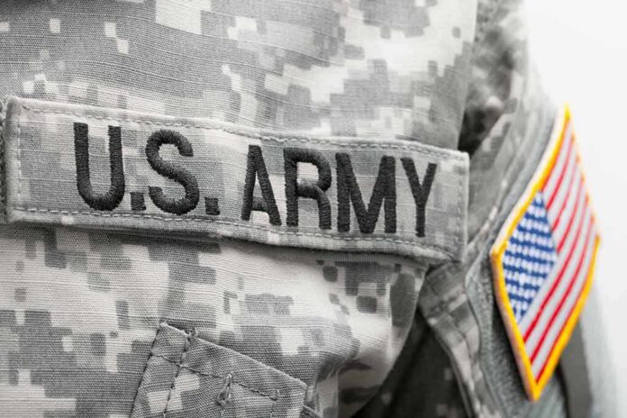 military uniform with embroidered name tape and flag patch