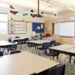 Moral Panic Backfires – Classroom Sub Cashes In Empty classroom with tables, chairs, and a whiteboard