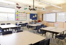 Moral Panic Backfires – Classroom Sub Cashes In Empty classroom with tables, chairs, and a whiteboard