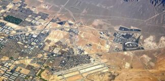Aerial view of desert city with airport and highways