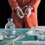 Handcuffed person in orange jumpsuit behind medical vials and IV equipment
